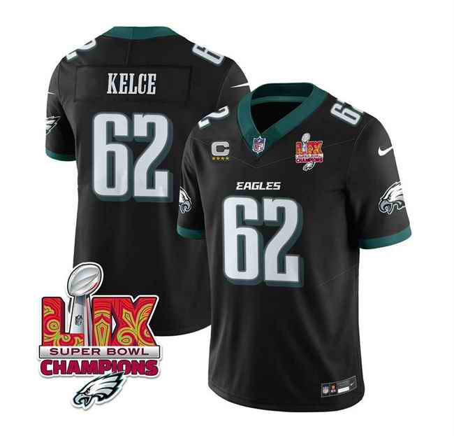 Men's Philadelphia Eagles #62 Jason Kelce Black 2025 Eagles Logo Super Bowl LIX Patch And 4-Star C Patch New F.U.S.E. Vapor Limited Stitched Football Jersey